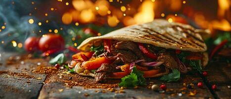 ai gegenereerd vers gegrild rundvlees Turks shoarma doner belegd broodje met vliegend ingrediënten en specerijen foto