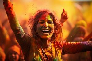 ai gegenereerd betoverend barsten van levendig kleuren gedurende de gelukkig holi festival foto