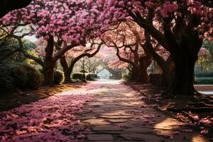 ai gegenereerd weg bekleed met azalea's en leven eik boom luifel foto