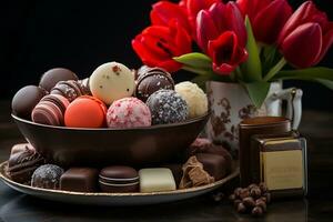 ai gegenereerd Valentijnsdag dag Kenmerken een verrukkelijk assortiment van chocolaatjes foto