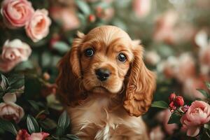 ai gegenereerd Amerikaans cocker spaniel puppy heel schattig ogen met bloemen foto