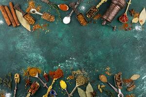 assortiment van verschillend Indisch specerijen en kruiden foto