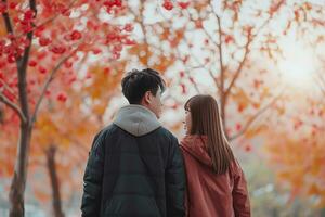 ai gegenereerd jong paar wandelen samen in bloem tuin, gelukkig Valentijnsdag dag concept foto