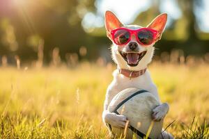 ai gegenereerd voetbal chihuahua hond spelen met bal en lachend uit luid met rood zonnebril buitenshuis foto