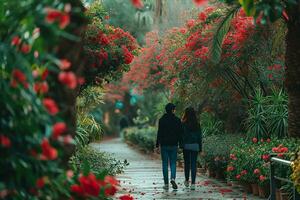 ai gegenereerd jong paar wandelen samen in bloem tuin, gelukkig Valentijnsdag dag concept foto