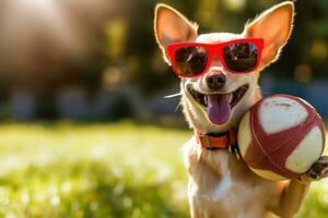 ai gegenereerd voetbal chihuahua hond spelen met bal en lachend uit luid met rood zonnebril buitenshuis foto