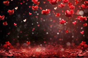ai gegenereerd hart vorm 3 stenen Aan rood kleur achtergrond, gelukkig Valentijnsdag dag concept foto