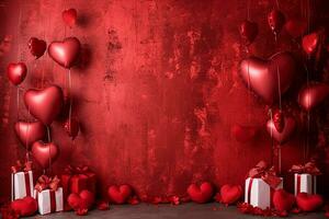ai gegenereerd rood kleur achtergrond omringd door romantisch atmosfeer van drijvend rood hart vormig uitknippen papieren foto