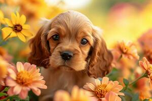 ai gegenereerd Amerikaans cocker spaniel puppy heel schattig ogen met bloemen foto