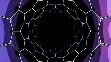 abstract sci fi tunnel van spin web Aan een zwart achtergrond. ontwerp. zeshoekig gang met neon lijnen en helling effect. foto