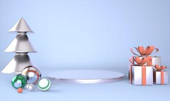 kerstachtergrond met kerstboom en podium voor productweergave. 3D-rendering. foto