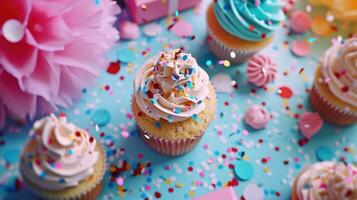 ai gegenereerd levendig confetti wervelingen in de omgeving van een tafel reeks met cupcakes foto