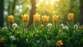 ai gegenereerd tulpen, boshyacinten, narcissen, madeliefje, gras en groen bladeren frameloos landschap achtergrond foto