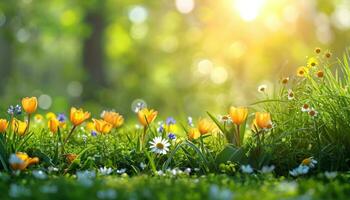 ai gegenereerd tulpen, boshyacinten, narcissen, madeliefje, gras en groen bladeren frameloos landschap achtergrond foto