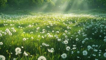 ai gegenereerd de met gras begroeid veld- bevat paardebloemen en gras foto