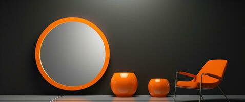ai gegenereerd oranje stoel in voorkant van wit ronde spiegels foto