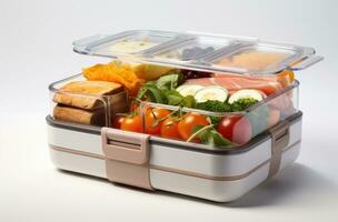 ai gegenereerd Verpakt salade voedsel containers met vers voedsel en vorken foto