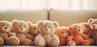 ai gegenereerd een groep van teddy bears zit geregeld Aan een bankstel foto