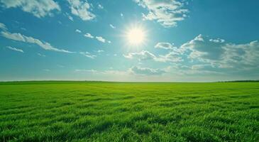 ai gegenereerd een groen veld- door de zon foto