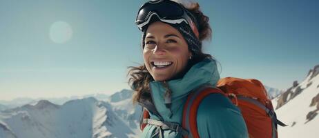 ai gegenereerd een vrouw glimlachen Aan een berg helling met ski stofbril Aan foto