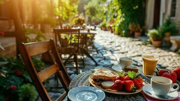 ai gegenereerd mooi advertentie foto van zomer ontbijt in buitenshuis cafe met kopiëren ruimte