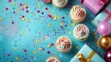 ai gegenereerd levendig confetti wervelingen in de omgeving van een tafel reeks met cupcakes foto