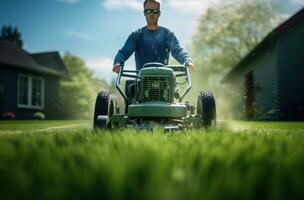 ai gegenereerd groen gazon, Mens maait met gazon maaier en vangsten Aan groen gras in zijn werf foto