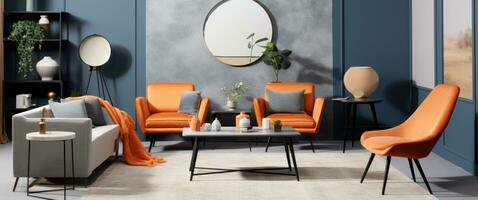 ai gegenereerd kamer concept oranje en grijs kleur palet met grijs, zwart accent stoelen foto