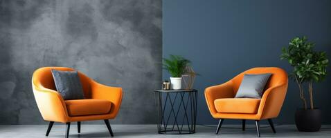 ai gegenereerd kamer concept oranje en grijs kleur palet met grijs, zwart accent stoelen foto