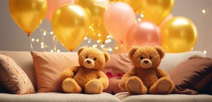 ai gegenereerd teddy bears zitten Aan de bankstel met kussens Bij een kinderen verjaardag partij foto