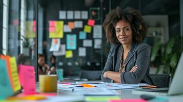 ai gegenereerd elegant Directeur leidend een brainstorming sessie, koesteren innovatie en creatief denken in de werkplaats foto