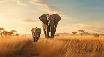 ai gegenereerd twee olifanten wandelen door een Open veld- foto