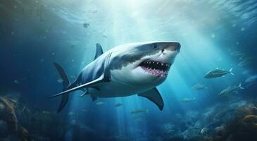 ai gegenereerd een wit haai dat is zwemmen in een mooi onderwater- milieu foto