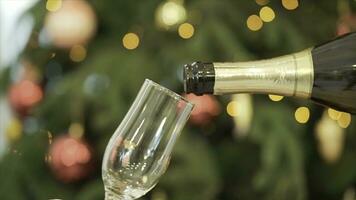 detailopname van Champagne gieten in bril, Kerstmis boom Aan de achtergrond. detailopname van gieten Champagne naar glas naast Kerstmis boom foto