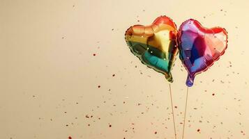 ai gegenereerd generatief ai, folie lgbt regenboog vlag kleuren ballonnen in hart vorm en confetti voor Valentijnsdag dag of bruiloft met kopiëren ruimte foto