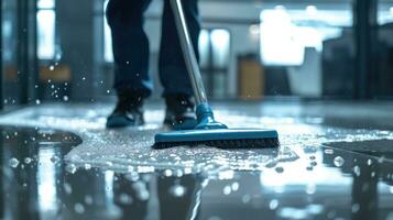 ai gegenereerd generatief ai, huishouding, schoonmaak, persoon met een dweilen naar schoon de vloer. kantoor of huiselijk arbeider, schoonmaakster en huisvrouw foto