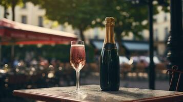 ai gegenereerd generatief ai, glas van Champagne en fles Aan houten tafel met vervagen achtergrond met lichten van straat bar, cafe, koffie winkel of restaurant, drinken bespotten omhoog foto