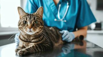 ai gegenereerd generatief ai, schattig kat wezen onderzocht door professioneel dierenarts in dierenarts kliniek foto