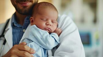 ai gegenereerd generatief ai, kinderarts dokter Holding een pasgeboren baby in ziekenhuis, concept van bevalling en gezondheidszorg professionals foto