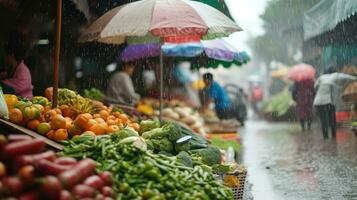 ai gegenereerd generatief ai, traditioneel oosters Aziatisch markt met fruit en groenten onder de regen met paraplu's foto