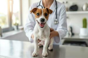 ai gegenereerd generatief ai, schattig klein hond wezen onderzocht door professioneel dierenarts in dierenarts kliniek foto