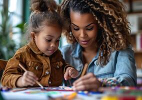 ai gegenereerd een vrouw met haar dochter schilderij met gekleurde kleurpotloden foto