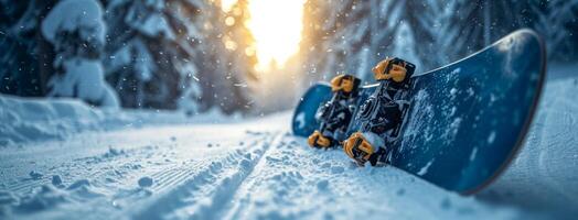 ai gegenereerd snowboards zittend naar beneden in de sneeuw foto