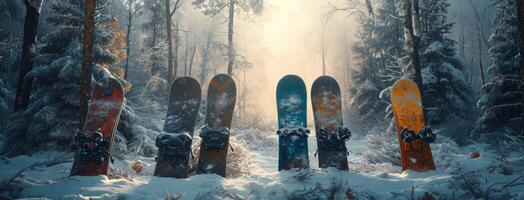 ai gegenereerd vier snowboards waren verzameld in de bossen foto