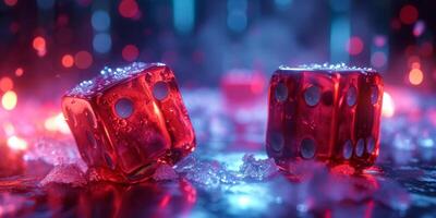 ai gegenereerd rood Dobbelsteen in de ijs en casino vloer, foto