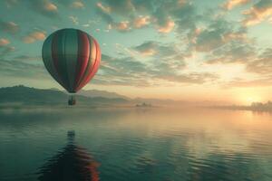 ai gegenereerd een heet lucht ballon vliegt over- een lichaam van water Aan bewolkt lucht foto