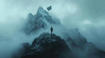 ai gegenereerd een persoon staand Aan een top van een berg met een vlag foto
