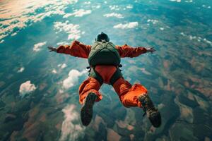 ai gegenereerd een Mens Parachutespringen over- een land- veld- foto