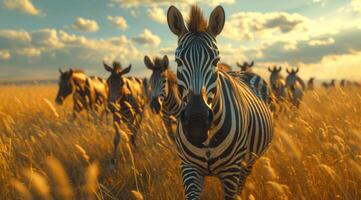 ai gegenereerd een paar- van zebra en een kudde van paarden het marcheren richting elk andere foto