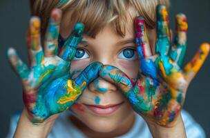 ai gegenereerd jong schattig jongen met kleurrijk geschilderd handen over- zijn gezicht foto